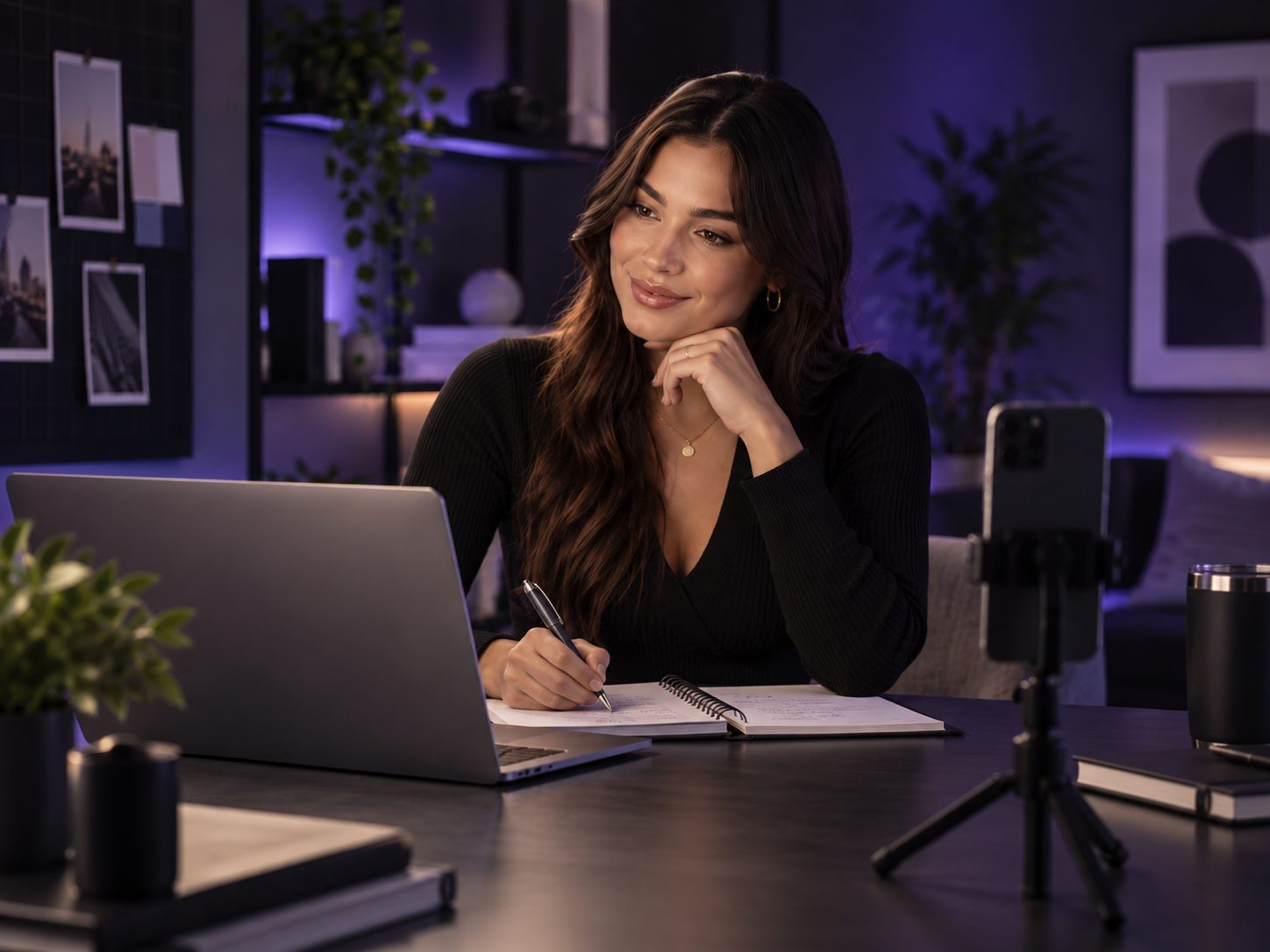 Illustrative creator taking notes while preparing content at a desk