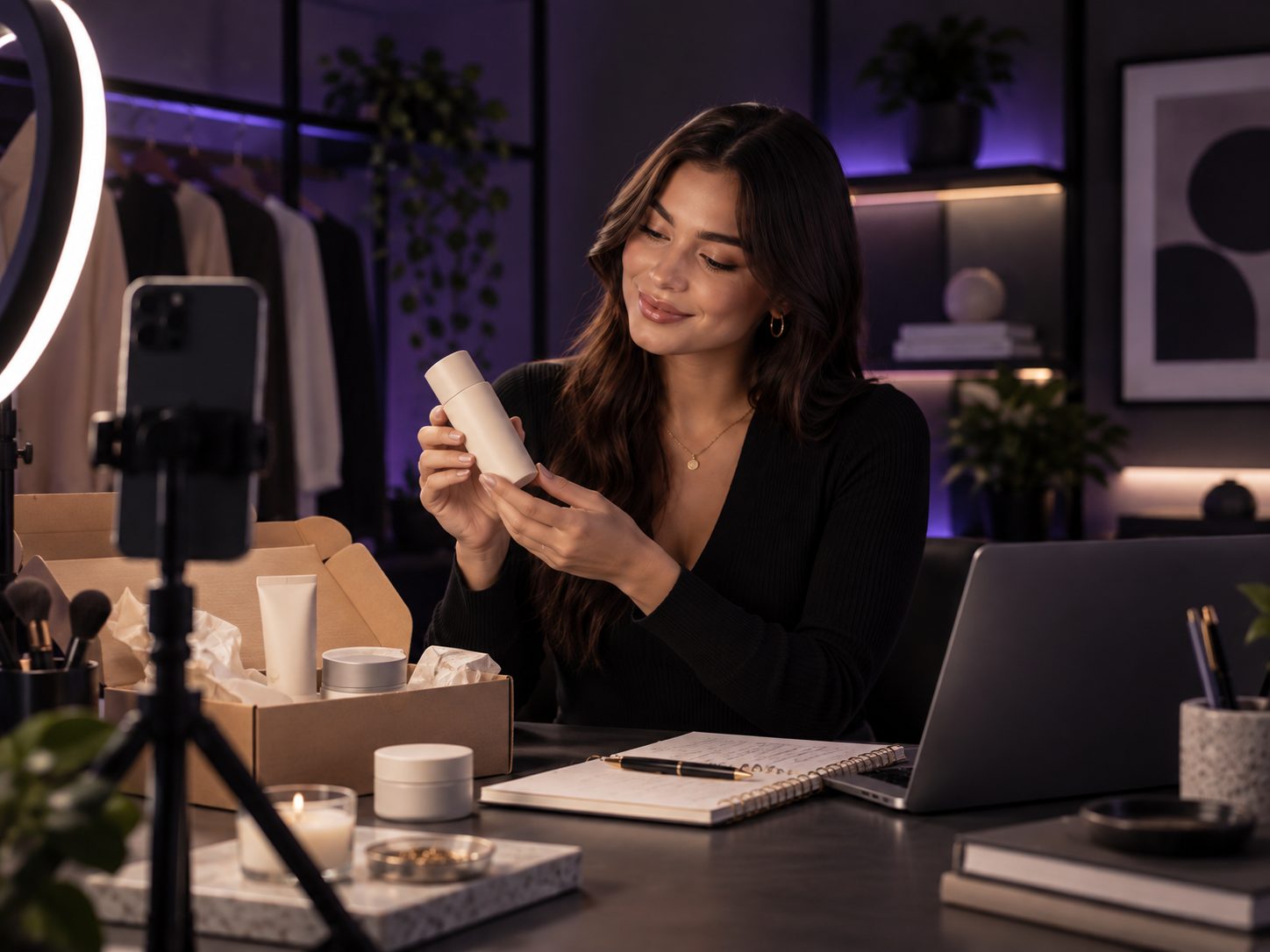 Illustrative creator reviewing campaign materials and product references