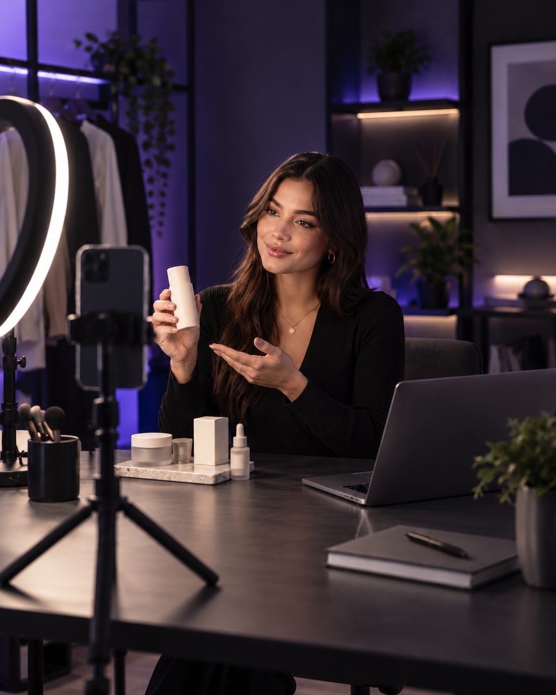 Illustrative creator presenting a product on camera during a live