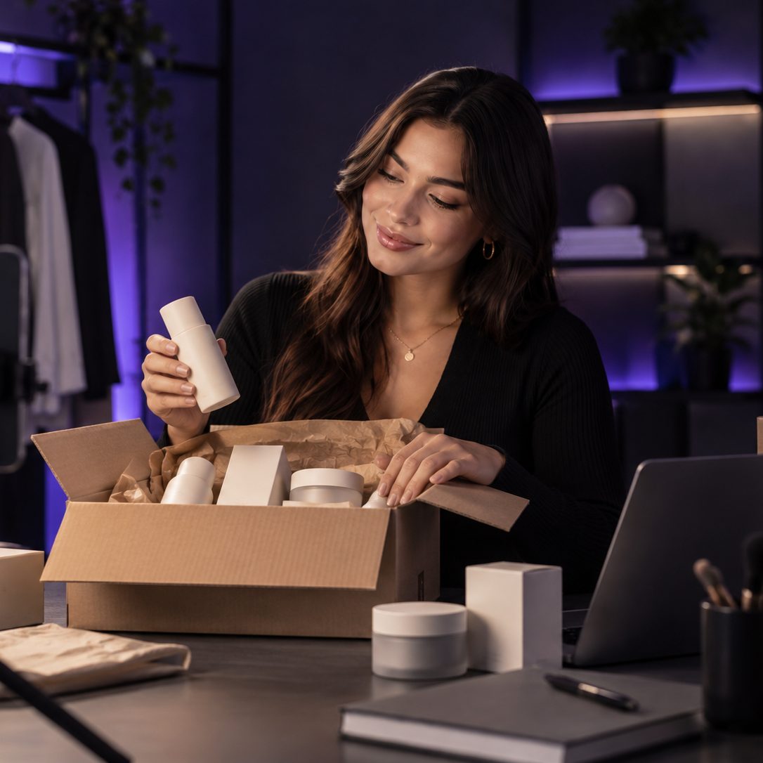 Illustrative creator unpacking a product sample from a shipping box