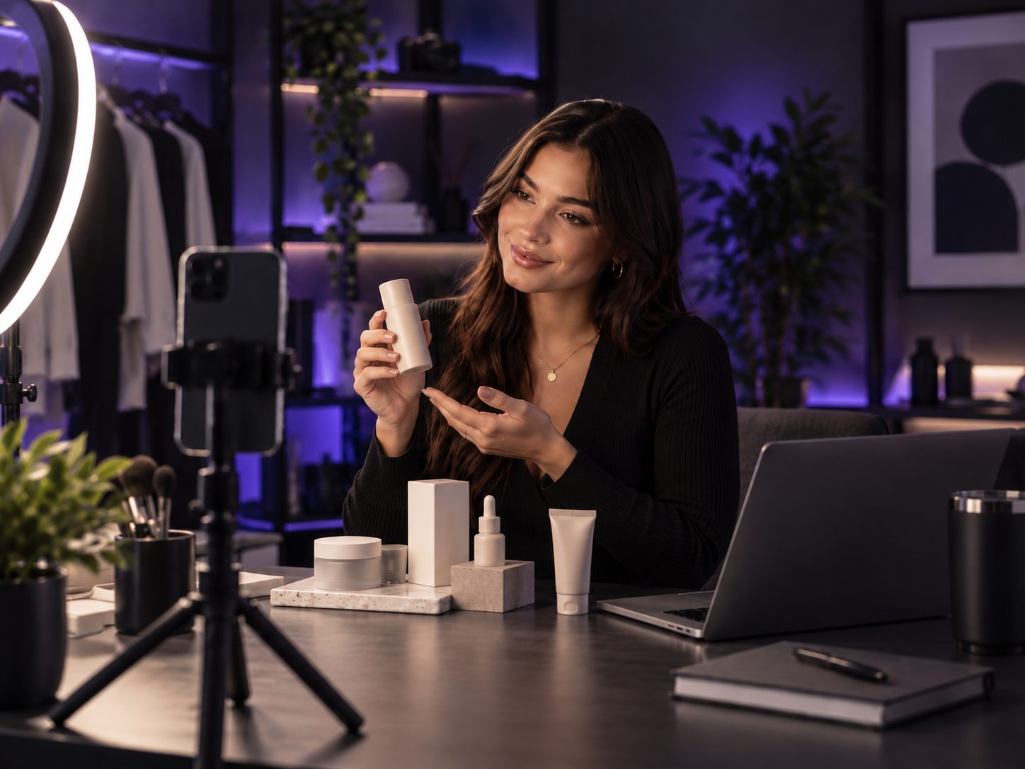 Illustrative — a creator's filming setup: ring light, phone on a tripod and a product table