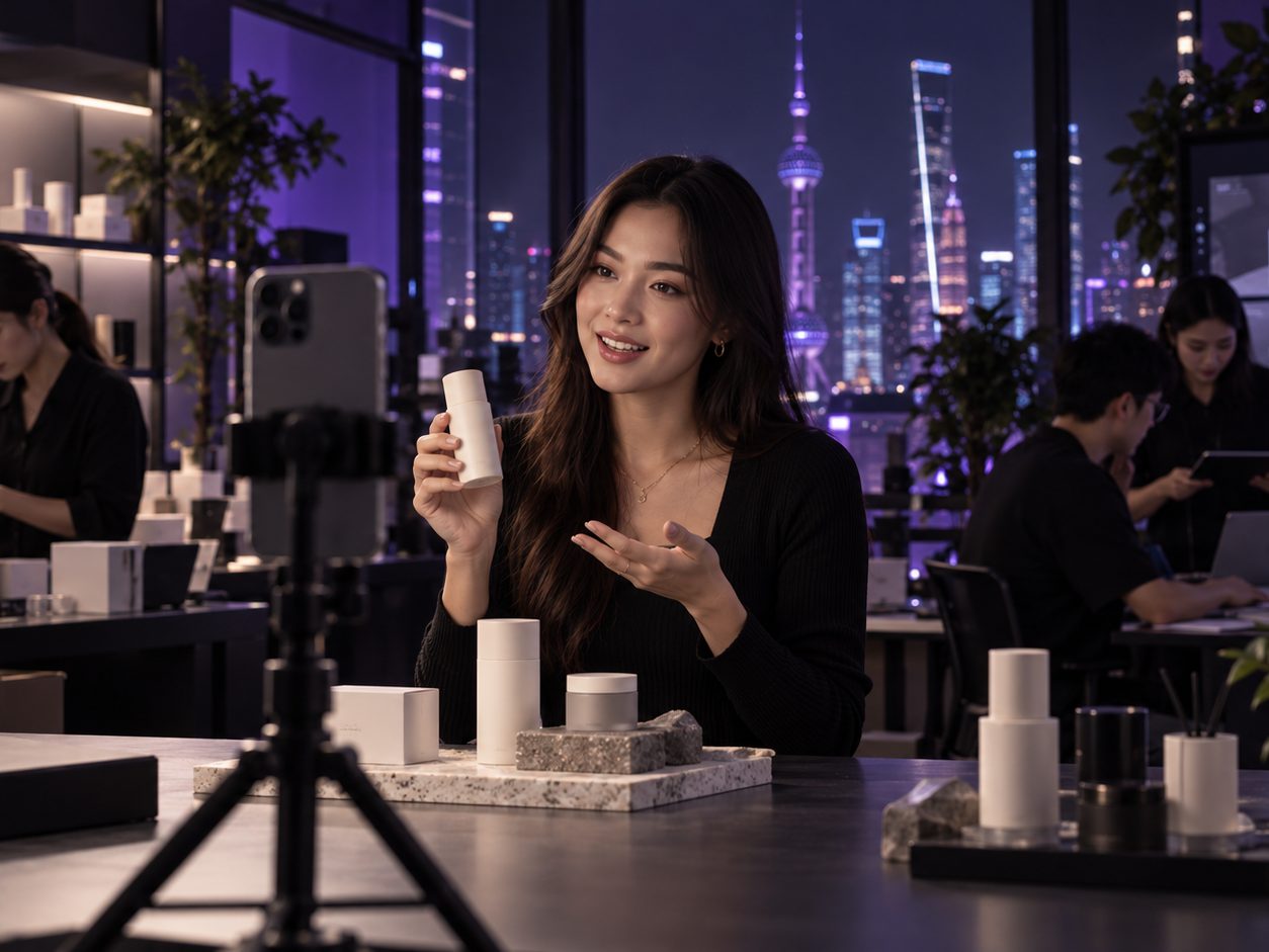 Illustrative live-commerce workspace with a city skyline at night