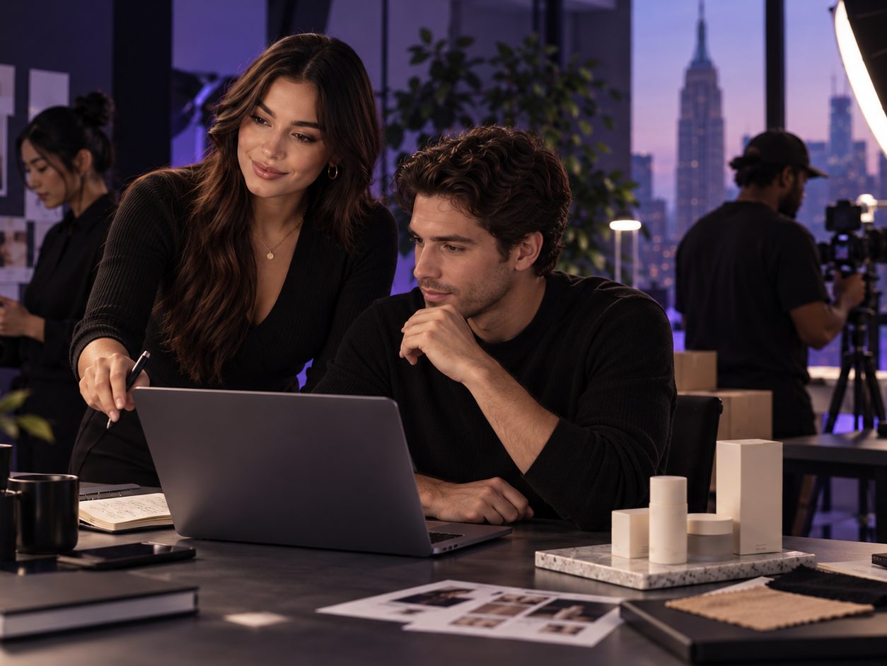 Illustrative — two people reviewing commerce work together at a desk